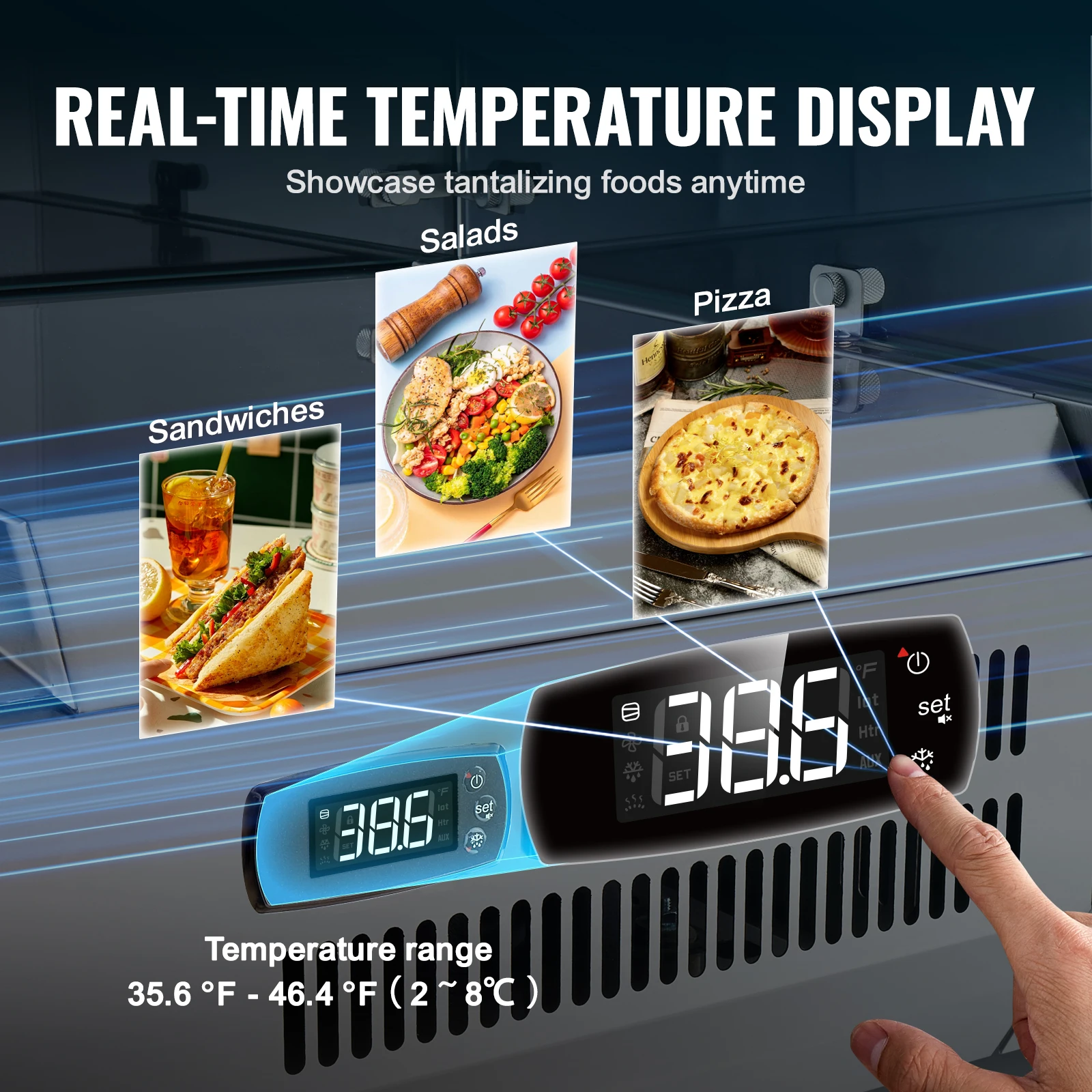 محطة إعداد البهارات المبردة على سطح الطاولة VEVOR 304 غطاء من الفولاذ المقاوم للصدأ للجسم والكمبيوتر الشخصي، طاولة إعداد الساندويتش مع واقي زجاجي