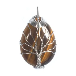 Silver Plated Wire Wrapped Tree of Life Water Drop Natural Tiger Eye Stone Pendant Jewelry for Women Men Girls Christmas Gifts