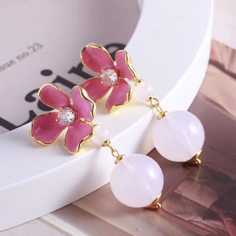 Fashion enamel color glaze sparkling diamond sweet age-reducing flower three-dimensional pink ball fashion earrings mixed batch