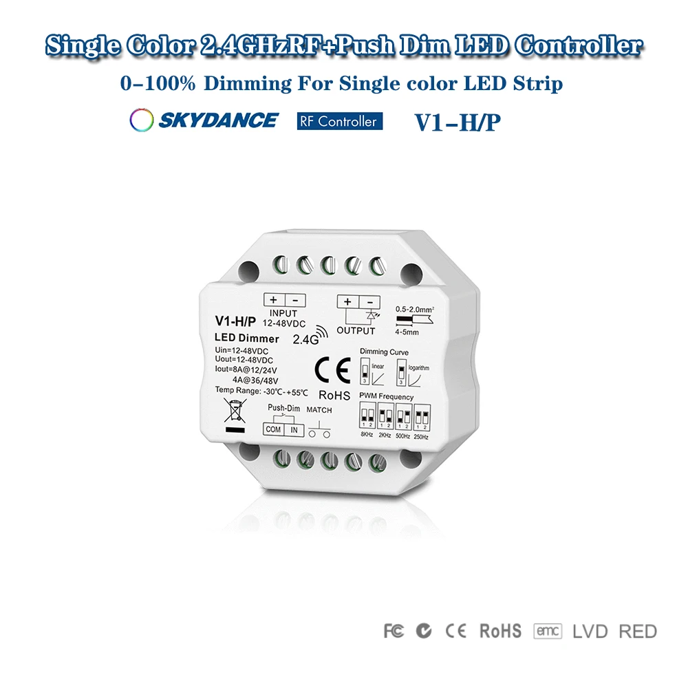 

Skydance V1-H/P DC12-48V 2.4GHzRF+Push Dim 0 -100% PWM LED Dimmer Switch Controller For Single color LED strip