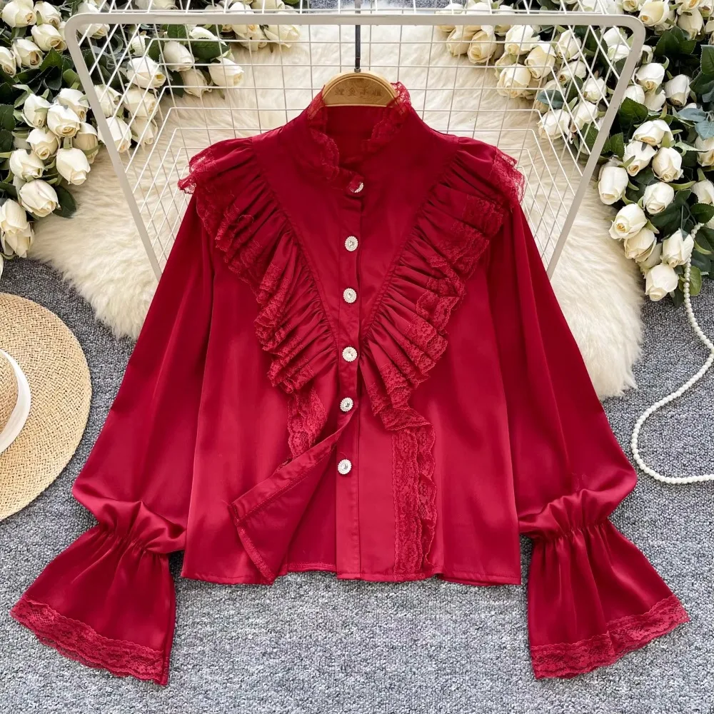 พื้นฐาน Flare Sleeves Chic Stand Collar Vintage Single Breasted Ear Fungus Edge Slim Satin Top French High Street เสื้อฤดูใบไม้ร่วง