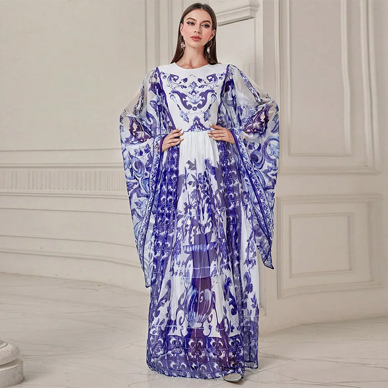 

Bohemian ethnic retro dress, crew neck horn long-sleeved printed chiffon bridesmaid dress, new high-end simple temperament class