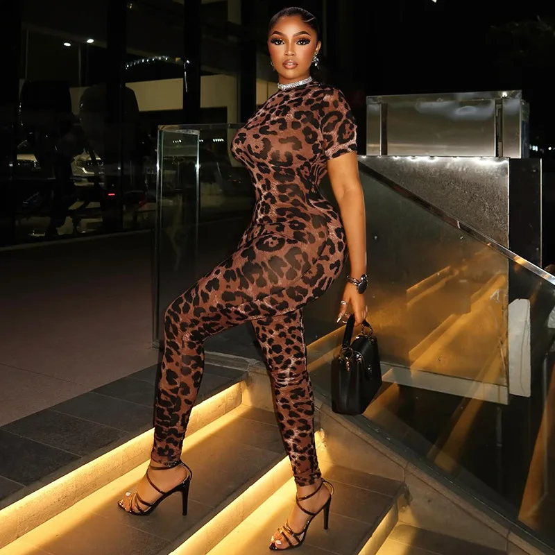 

Leopard Print Backless Skinny Jumpsuits Women Wild Sexy O Neck Short Sleeve Slim Fit Night Club Party Overalls Casual Streetwear