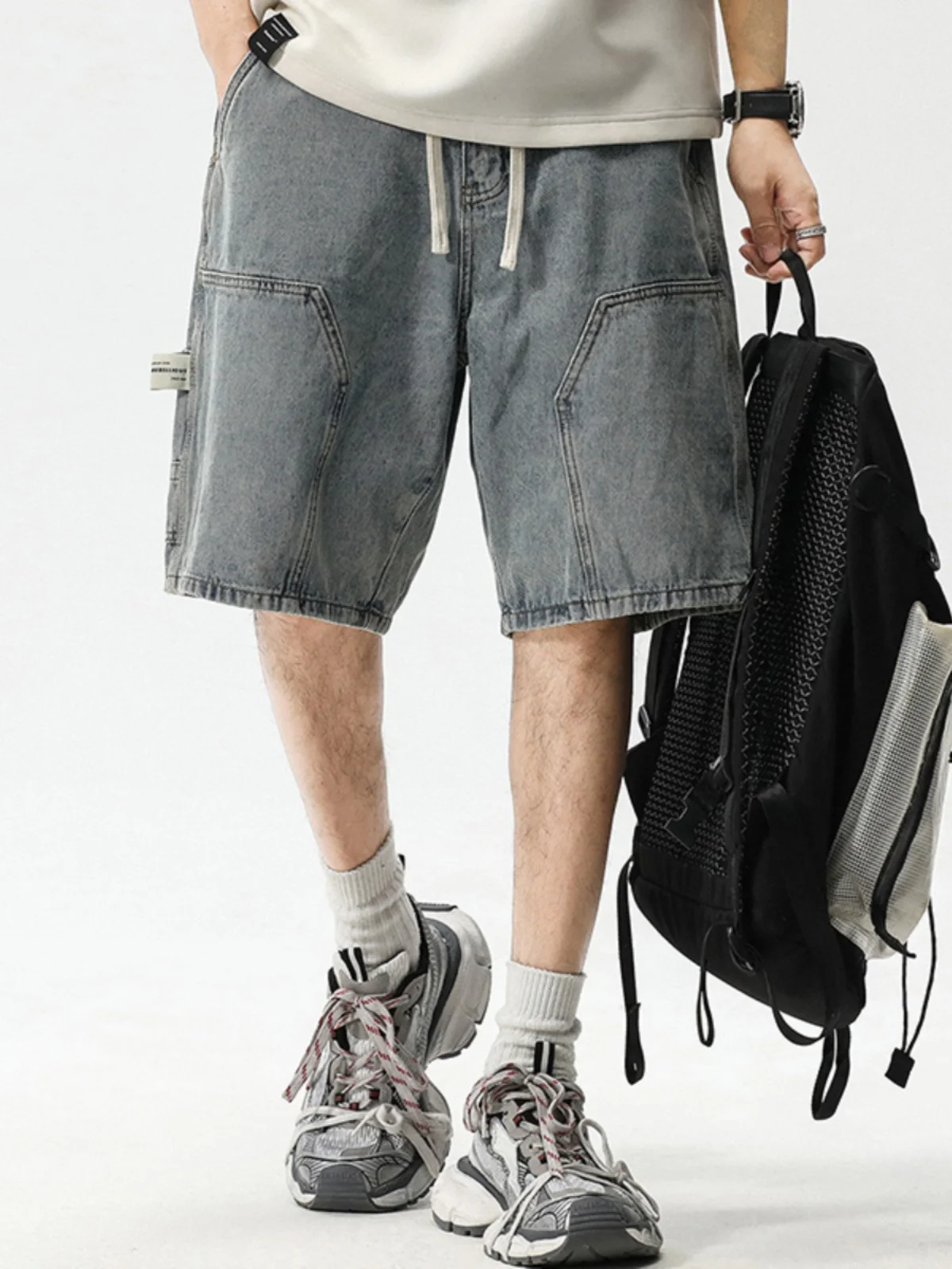 

Японская спецодежда в стиле ретро, мужские джинсовые брюки, свободные прямые повседневные брюки на пять четвертей, молодежные летние джинсы