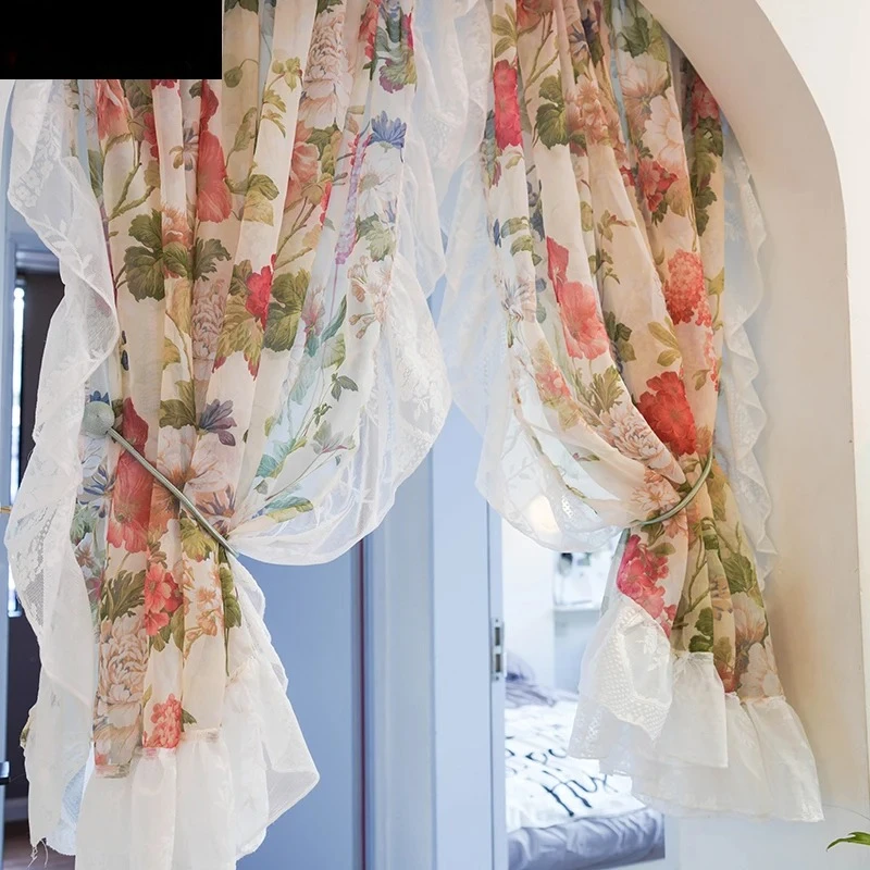 2 Pieces Flower Sheer Ruffled Short Curtain for Kitchen Sink Small Window Half Curtain Romantic French Tulle Door Drapes