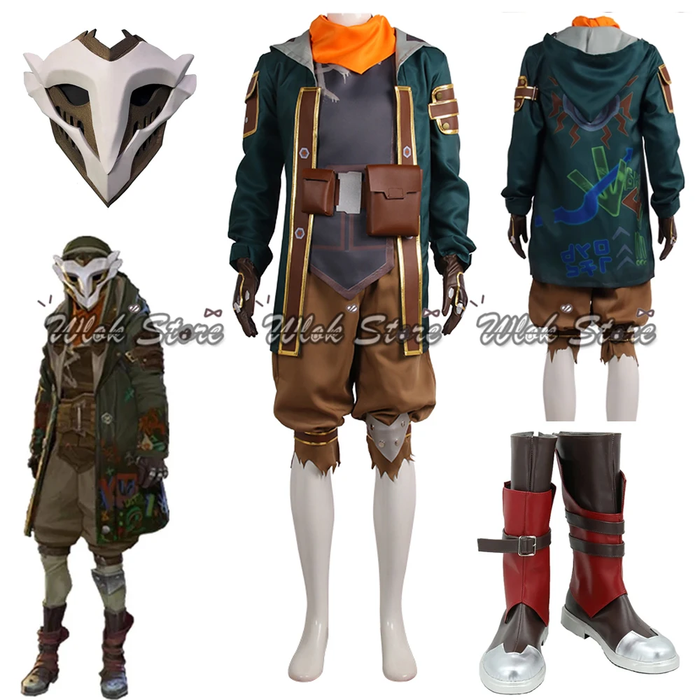 Disfraz de Arcane Ekko para hombre y mujer, traje de Cosplay de The Boy Who Shattered Time Jacket, abrigo, uniforme, disfraces de Carnaval de Halloween, zapatos con máscara