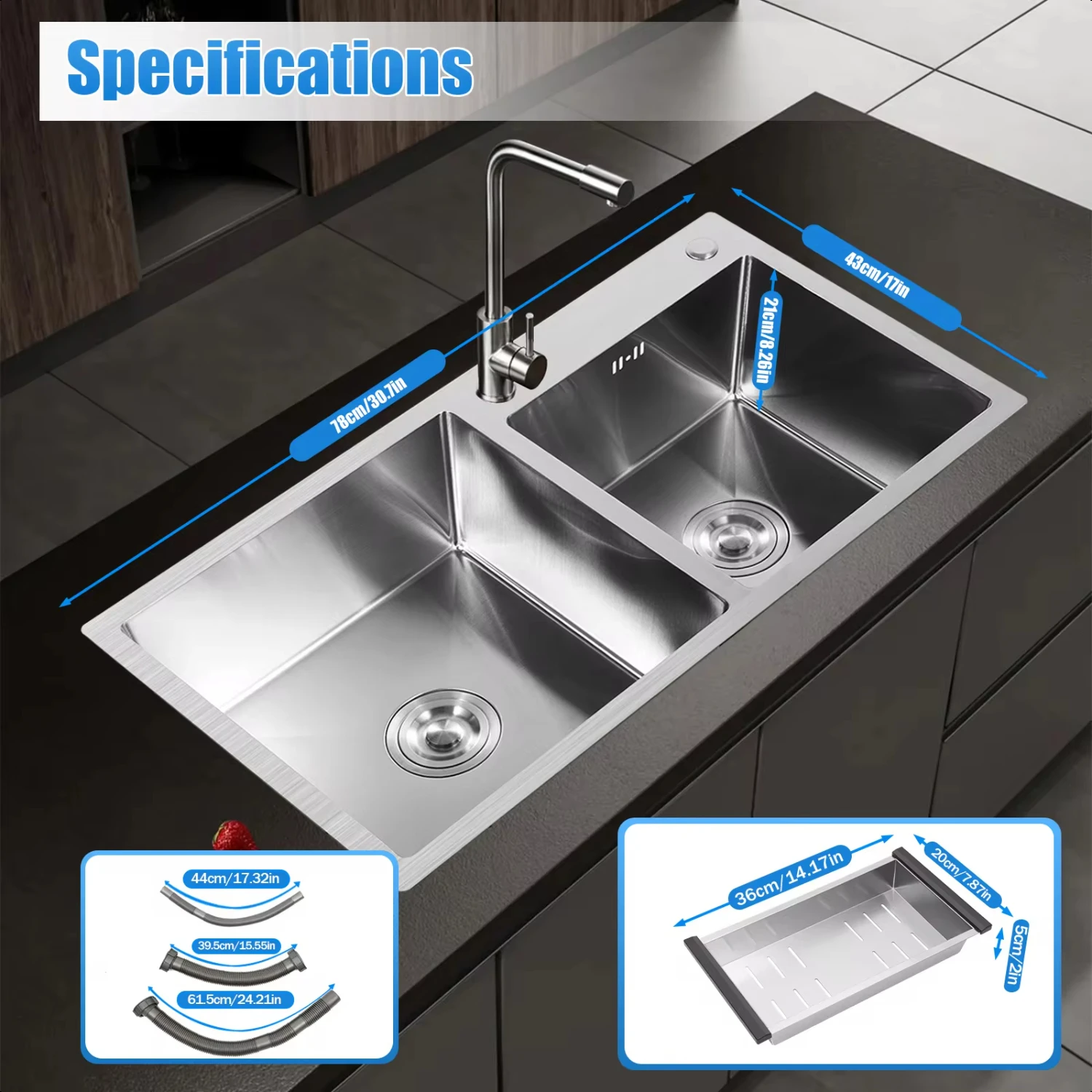 

30.7 x 16.9inch Kitchen Sink Double Stainless Steel Drop in Kitchen Sink Double Bowls with Basket Strainer