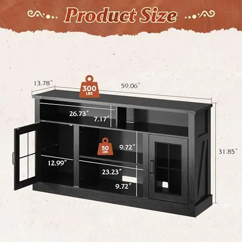 Farmhouse TV Stand for 65 Inch TV, Tall Entertainment Center with LED Lights & Storage Cabinets, TV Media Console Table