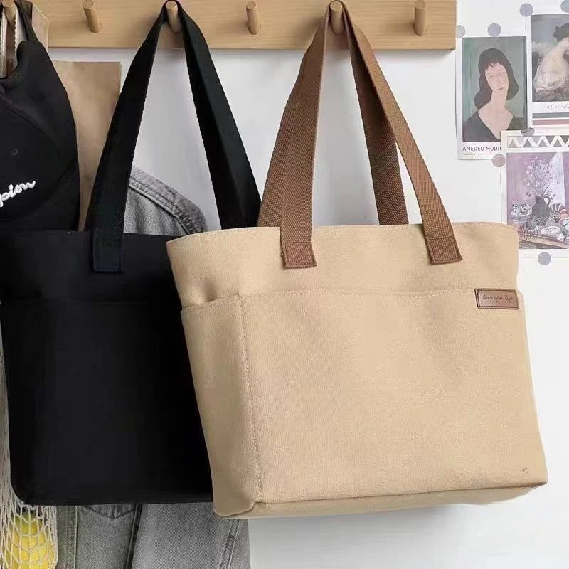 Canvas Tote Bag For Women 2layer Storage Bag Large Capacity Student Commute Carrying Bag Portable Shoulder Handbags Shopping Bag