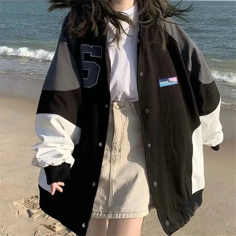 Black Patchwork Hoodie Jacket Harajuku Streetwear Women Kpop Bomber Coat Autumn Vintage Casual Gothic Female High Street Top