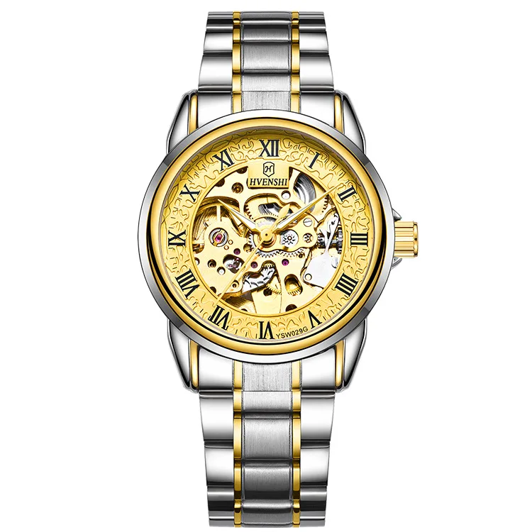 Men Double Sided Skeleton Automatic Mechanical Watch, Two-tone Steel Band Korean Style Business Gift Wristwatch