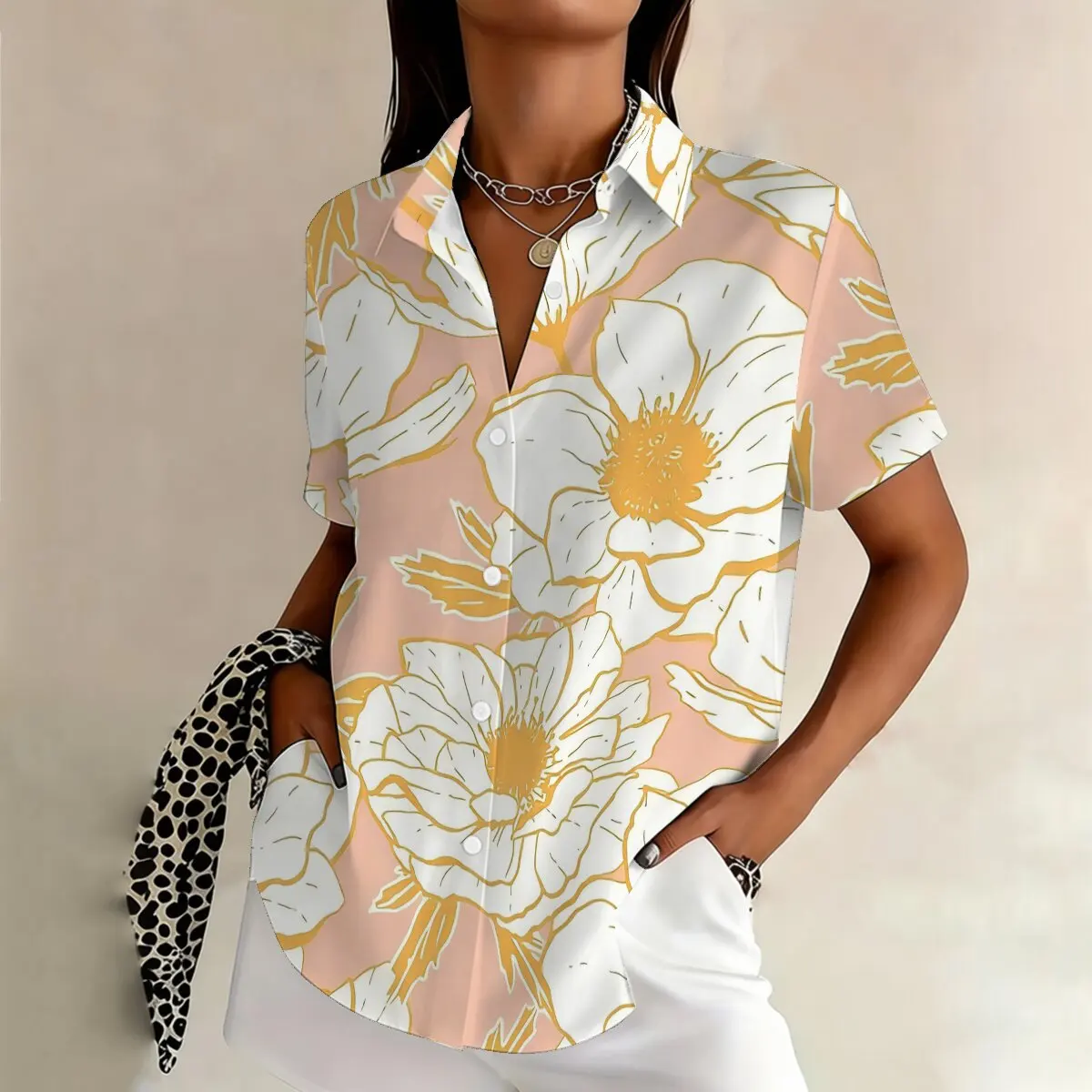 

Plus-size women's retro print short-sleeved shirt with simple collar design, comfortable for commuting