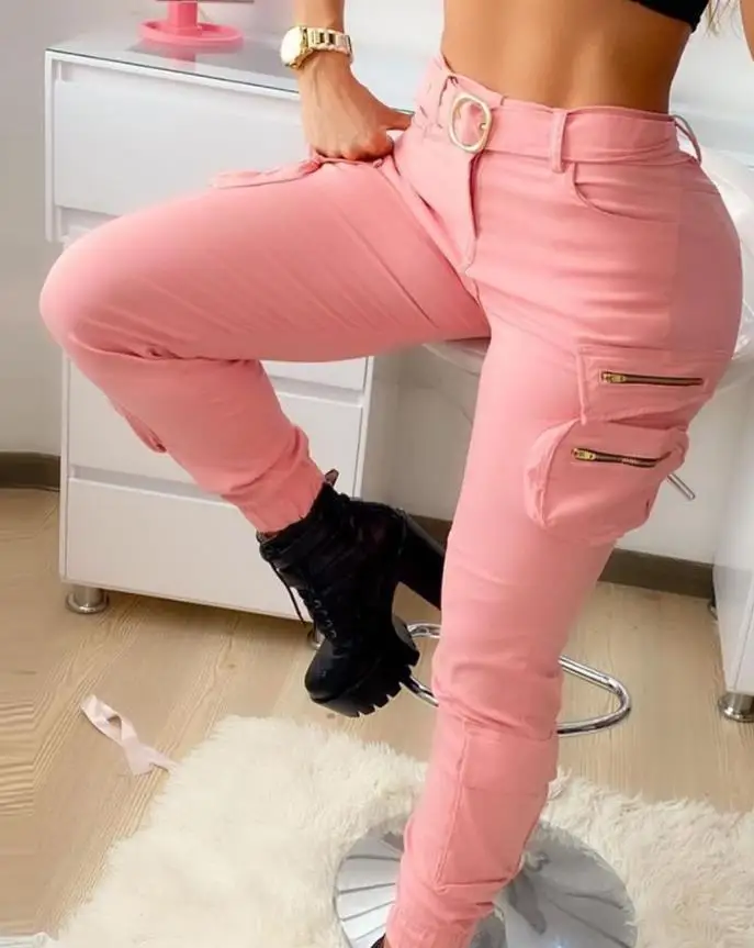 

Pink Cargo Pants for Women 2023 Summer New Women's Pants Solid Color Zip Pocket Design High Waist Cargo Pants Work Suit