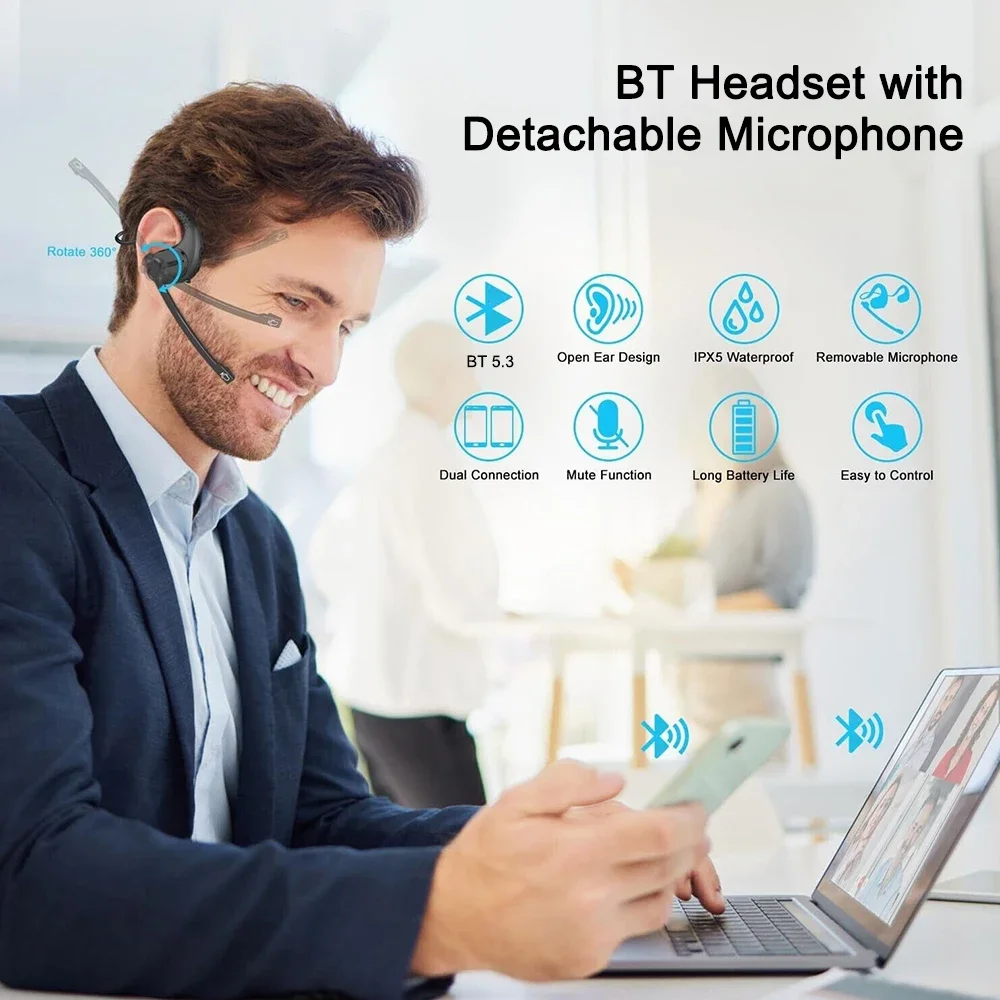 Wireless Bluetooth Headsets With Mic Detachable Mute Button Sports Open Ear Trucker Headphones For Cell Phones Business Office