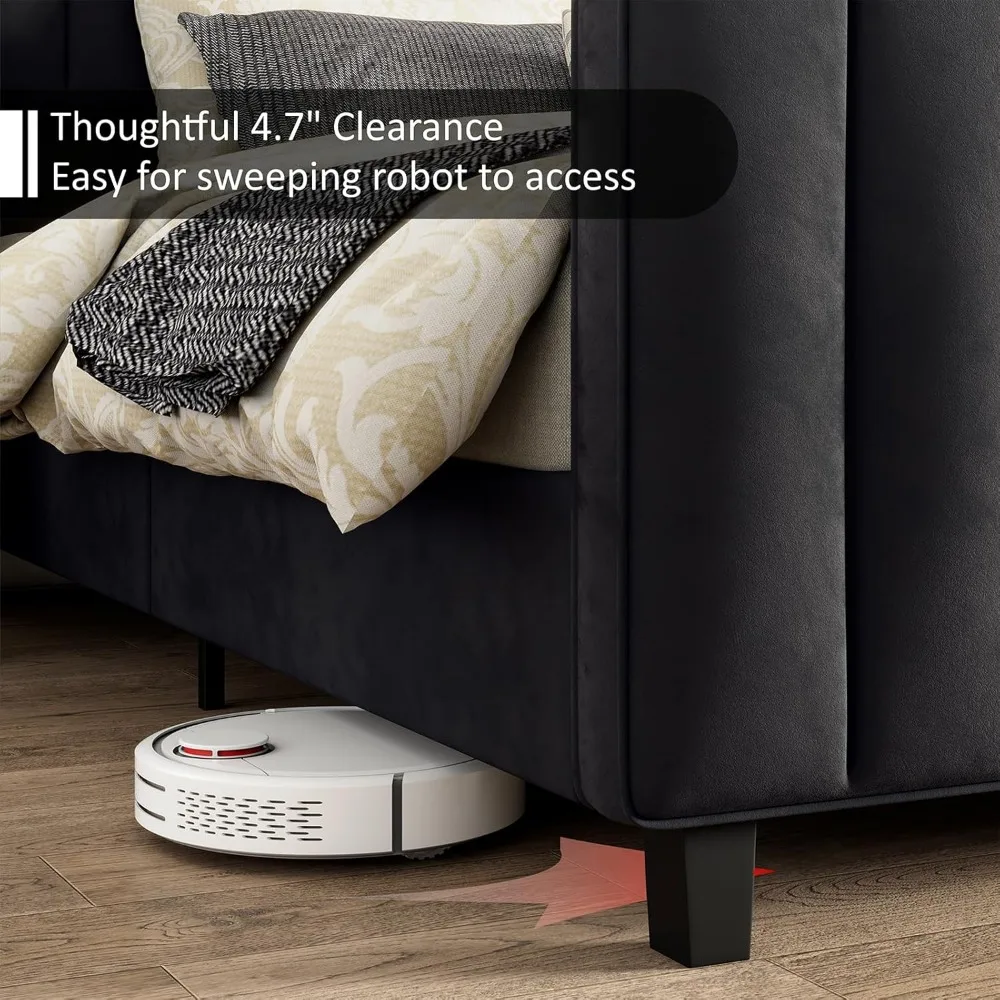 إطار سرير بحجم كوين، سرير بمنصة منجدة مخملية مع لوح رأسي معنقدة بقناة عمودية ولوح قدم/ظهر مجنح، مات #6