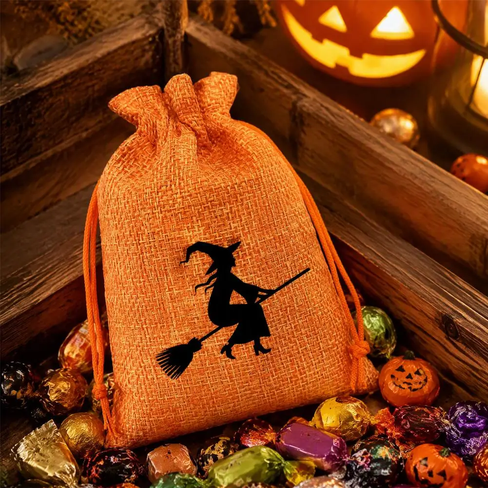 Pumpkin Witch Bat Print Sacks Reusable Fabric Gift Pouches Halloween Drawstring Candy Bags Reusable Pumpkin Ghost for Trick