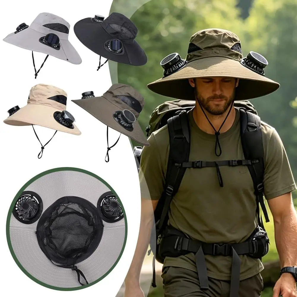 Double Solar Fan Sun Hat 3 Wind Speed UV Protection Wide Brim Bucket Cap Lightweight Cooling Hat For Fishing Outdoor Hot Weather