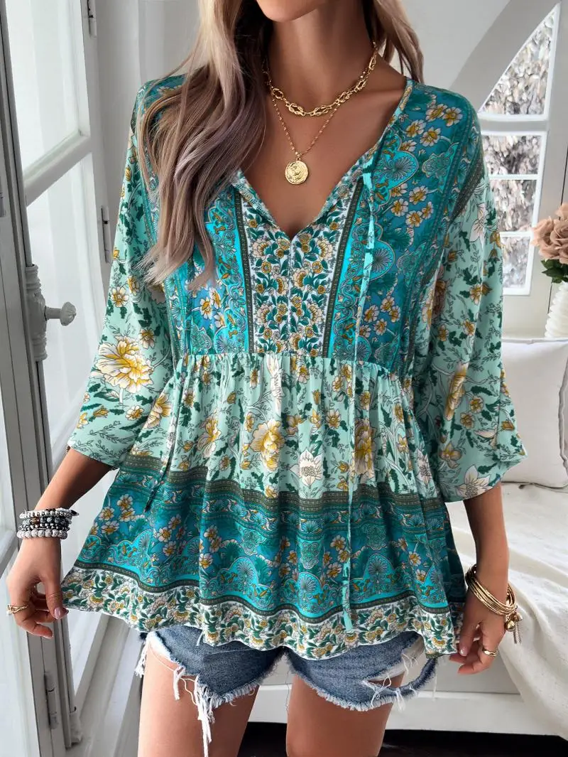 Spring Summer Blouse Vintage Floral Shirt Loose Long Sleeved T-Shirt Retro Tops Green Blouse Fashion Streetwear Female Clothing