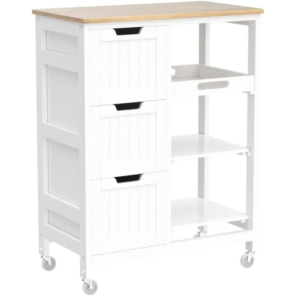 

Kitchen Island Cart on Wheels with Bamboo Countertop, Rolling Serving Utility Trolley Cart with 3 Drawers, 3 Removable Shelve