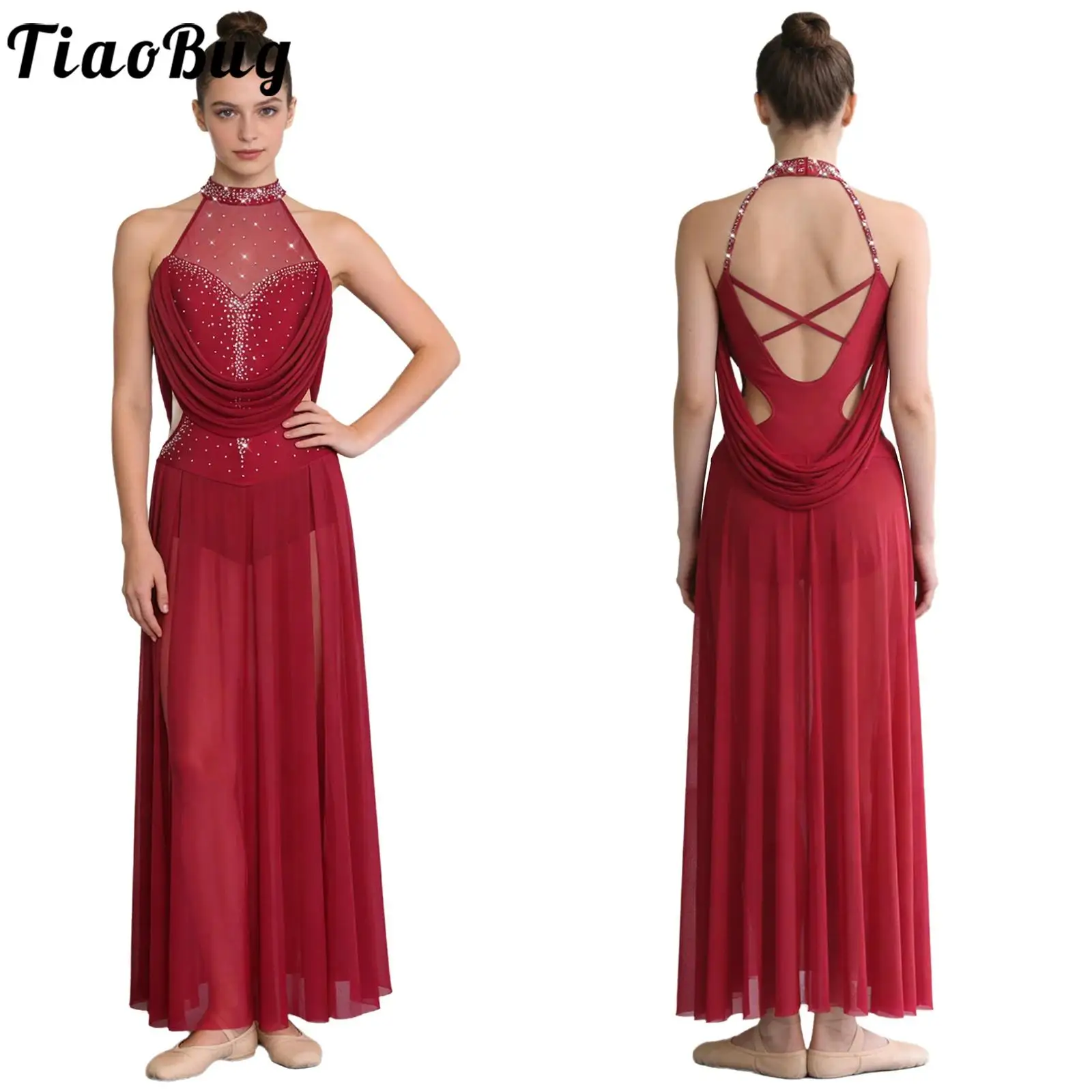 

Women Halter Sleeveless Lyrical Dance Costume Modern Contemporary Dress Rhinestones Backless Crotch Press Buttons Maxi Dress