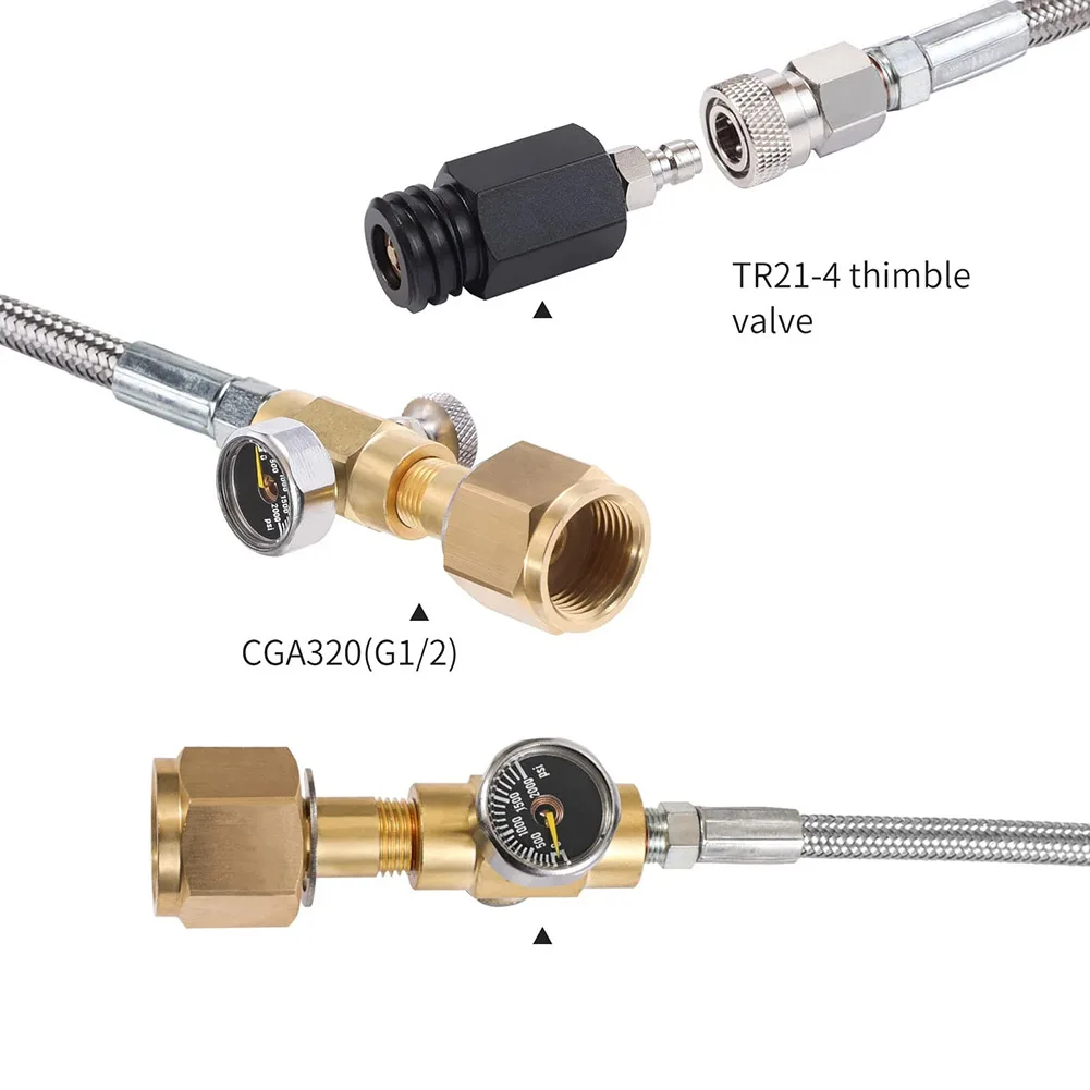기계에 표준 CGA 320 밸브를 사용하기 위한 압력 게이지와 배기 밸브가 있는 60인치 호스 탱크 실린더 어댑터
