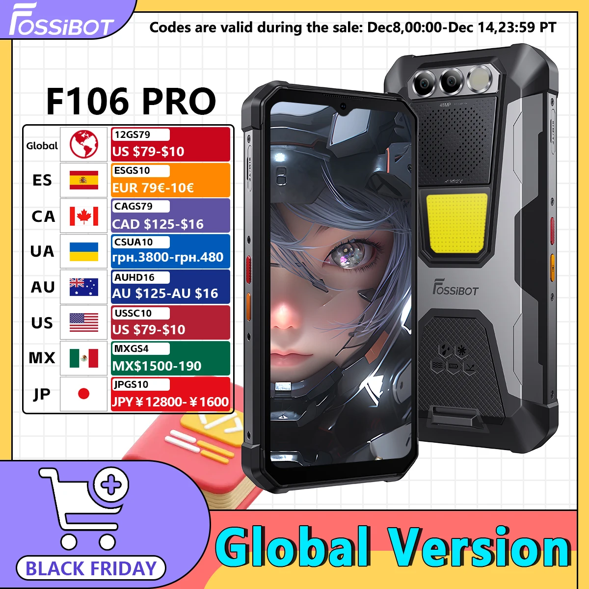 FOSSIBOT F106 PRO MTK G85 4G Android 14 15GB(8+7GB Extended) 256GB ROM Rugged Smartphone 12000mAh Battery 48MP Camera NFC