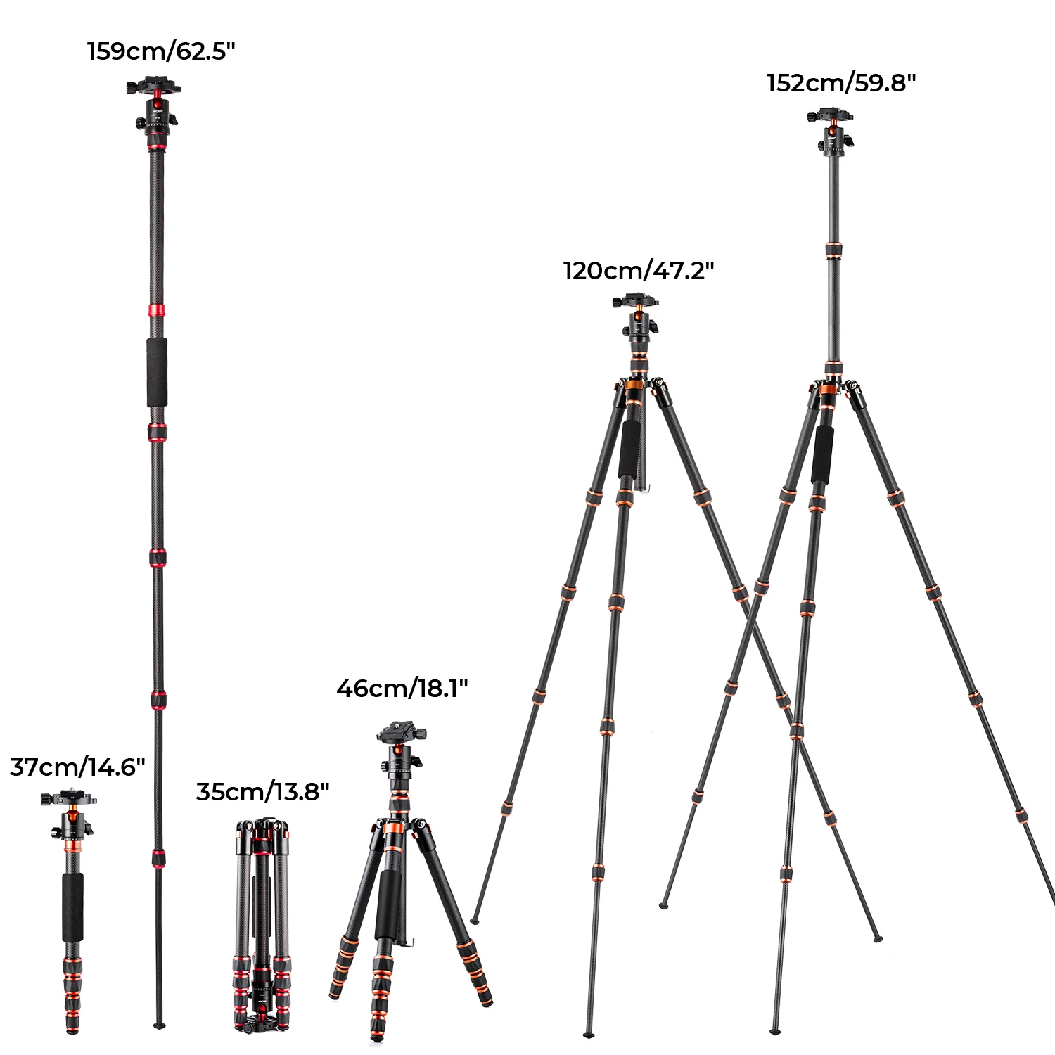 K&F Concept Lightweight Travel Tripod Carbon Fiber Tripod 8kg/17.6lbs Load Capacity 60\