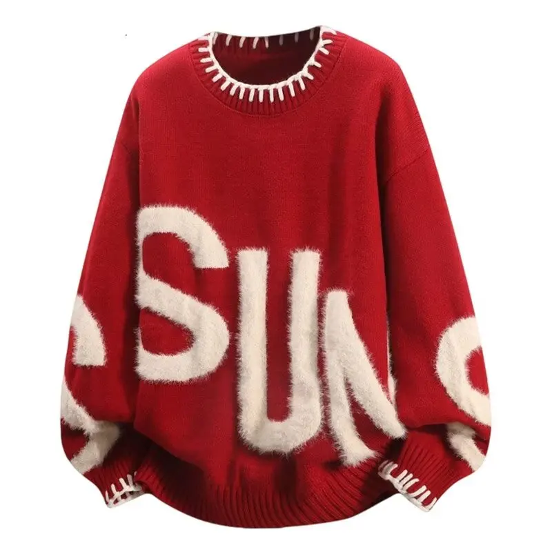 

2025 New Men's Plush Sweater Pullovers Korean Winter Warm O Neck Red Sweater High Quality Cool Top Fashionable Men's Clothing