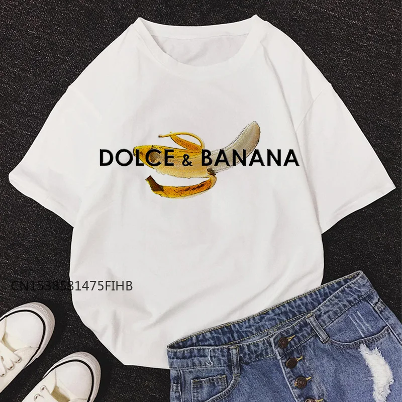 New Summer DOLCE & BANANA Print T-Shirt Women O-Neck Short Sleeve Cute T Shirt For Girls Students Lady Premium Tops Basic Tshirt