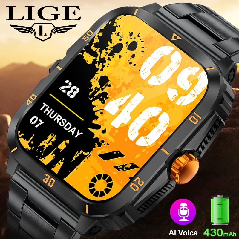 

LIGE Sport Smart Watch For Men 1.96 Screen Blood Oxygen Bluetooth Call Watch 100+Sport Waterproof Smartwatch Man Reloj Hombre