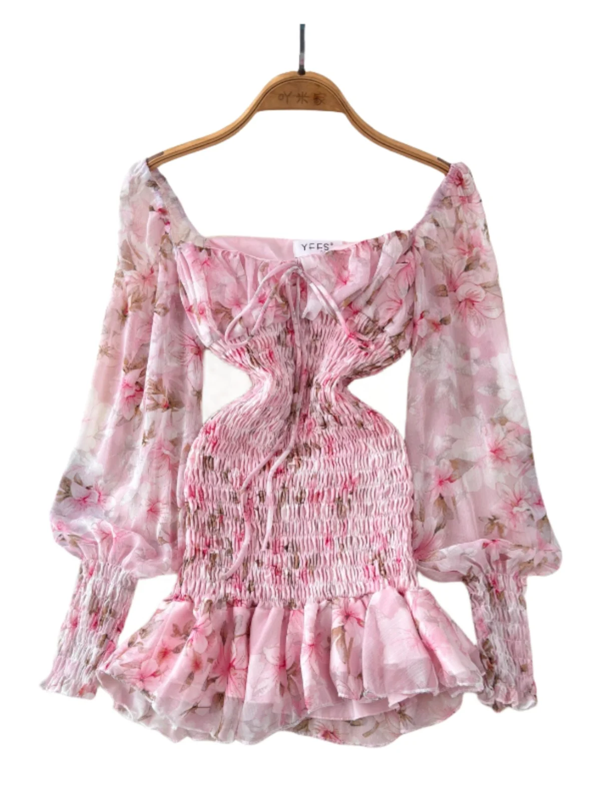 Early Autumn Floral Print Chiffon Dr Long Sve Vintage Sweet Lace Hem Fi Tail Skirt Wrap ort Skirt Korean Sle Commute