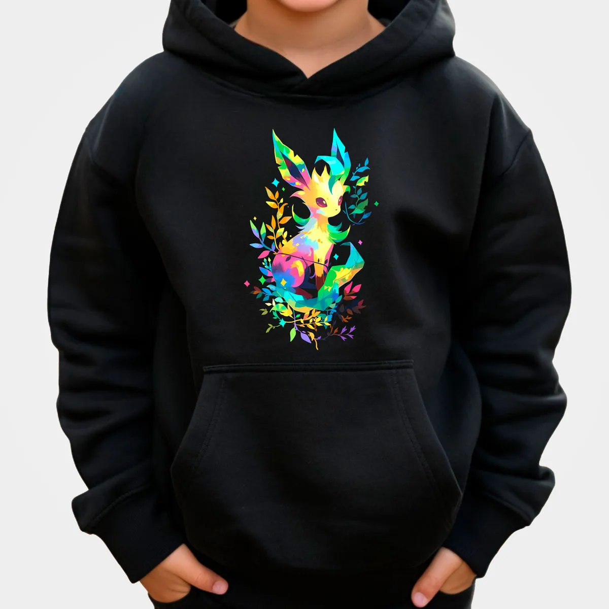 Pokemon Anime Leafeon katoenen hoodie zwart met geelgroen wezen sterrenhemel paarse achtergrond losse pasvorm casual huiskleding ​