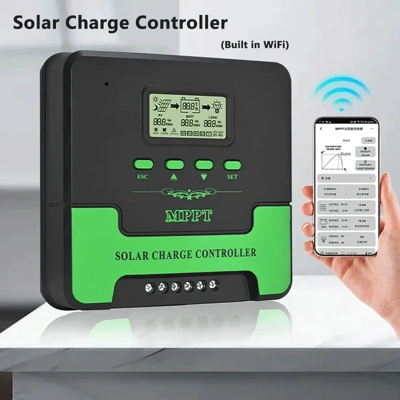 10A/20A/30A/40A/50A/60A MPPT Solar Charge Controller With WiFi 12V/24V Auto Solar Panel Charge Regulator Max PV Input 100VOC