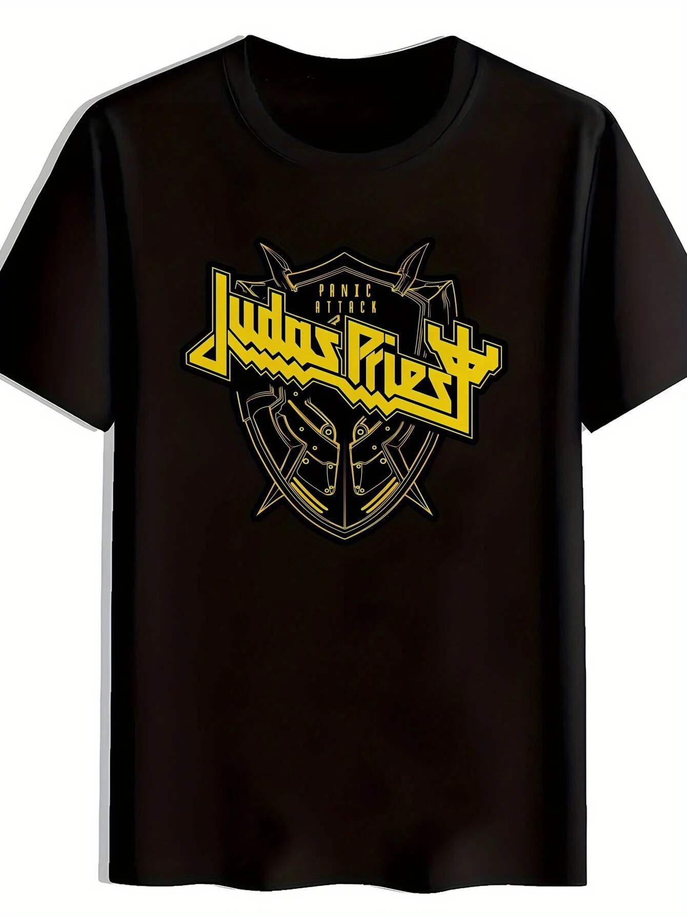 Mens Black Rock Band Graphic T-Shirt Judas Priest Logo Design Short Sleeve Crew Neck Summer Polyester Tee for Fans