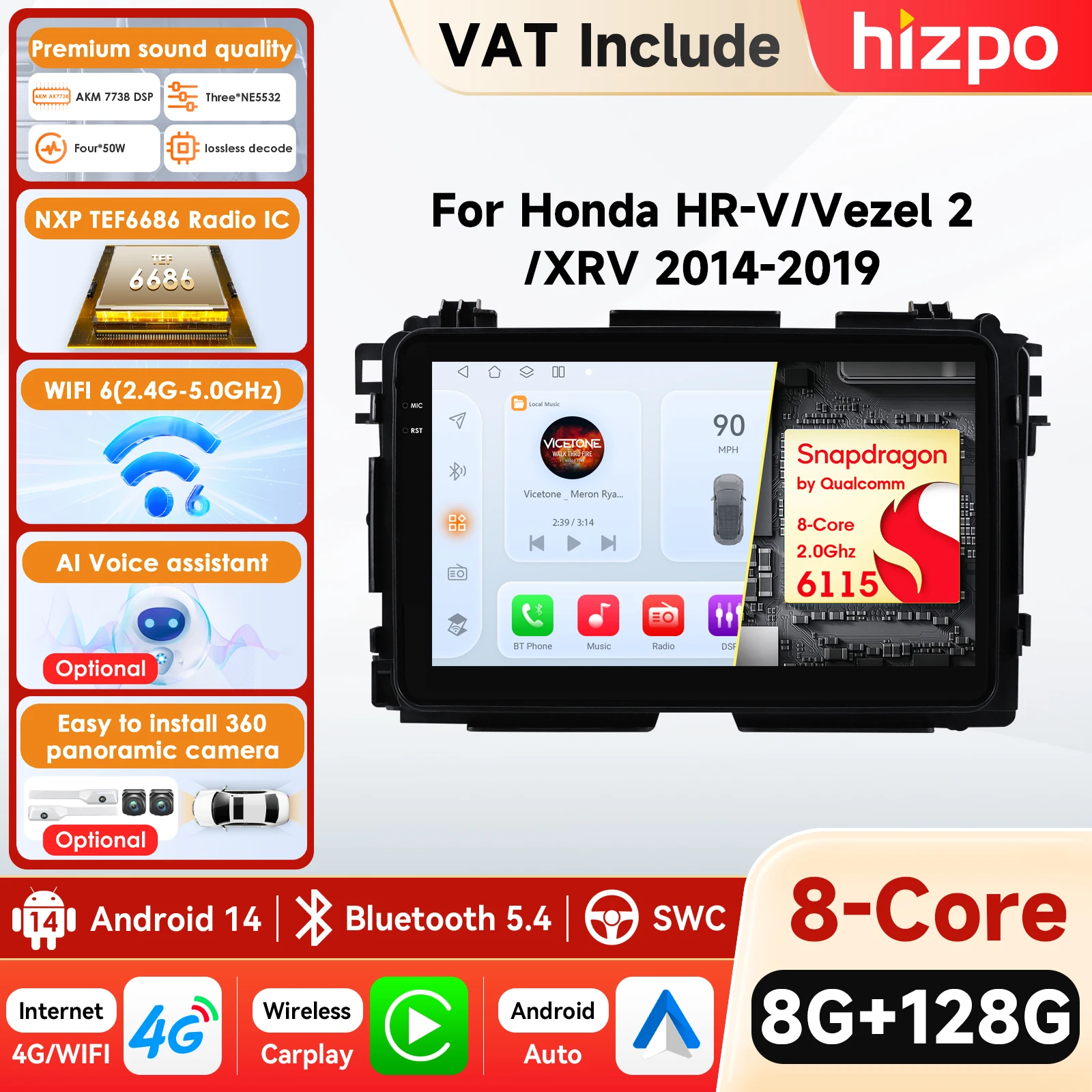 Hizpo Android für Honda Vezel HR V HRV XRV 2013–2022 Autoradio Multimedia Stereo Player GPS Navi Carplay Intelligente Systeme