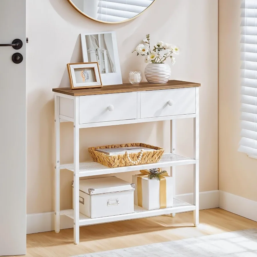 طاولة كونسول ضيقة 29.5 مع درجين من القماش وأرفف تخزين 3 طبقات لمدخل غرفة المعيشة أو خلف الأريكة المدمجة #4