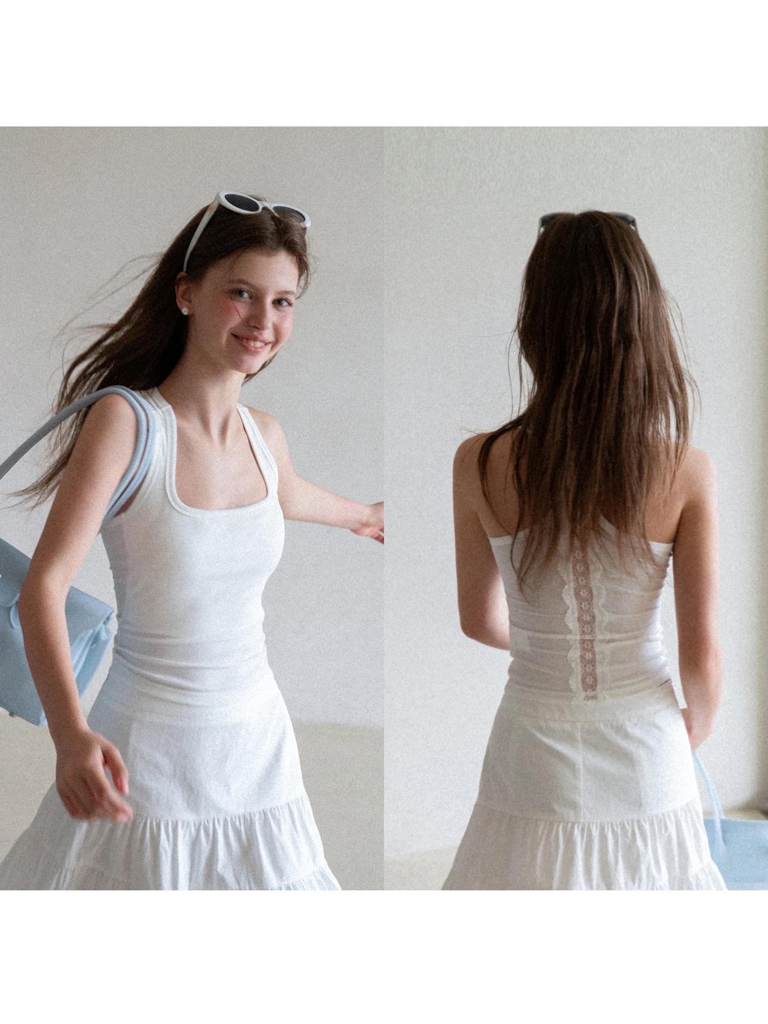 Eggka Hollow out Design Women's Slim Fit Vest with Chest Pad Integrated Backless Square Collar Summer White Outerwear