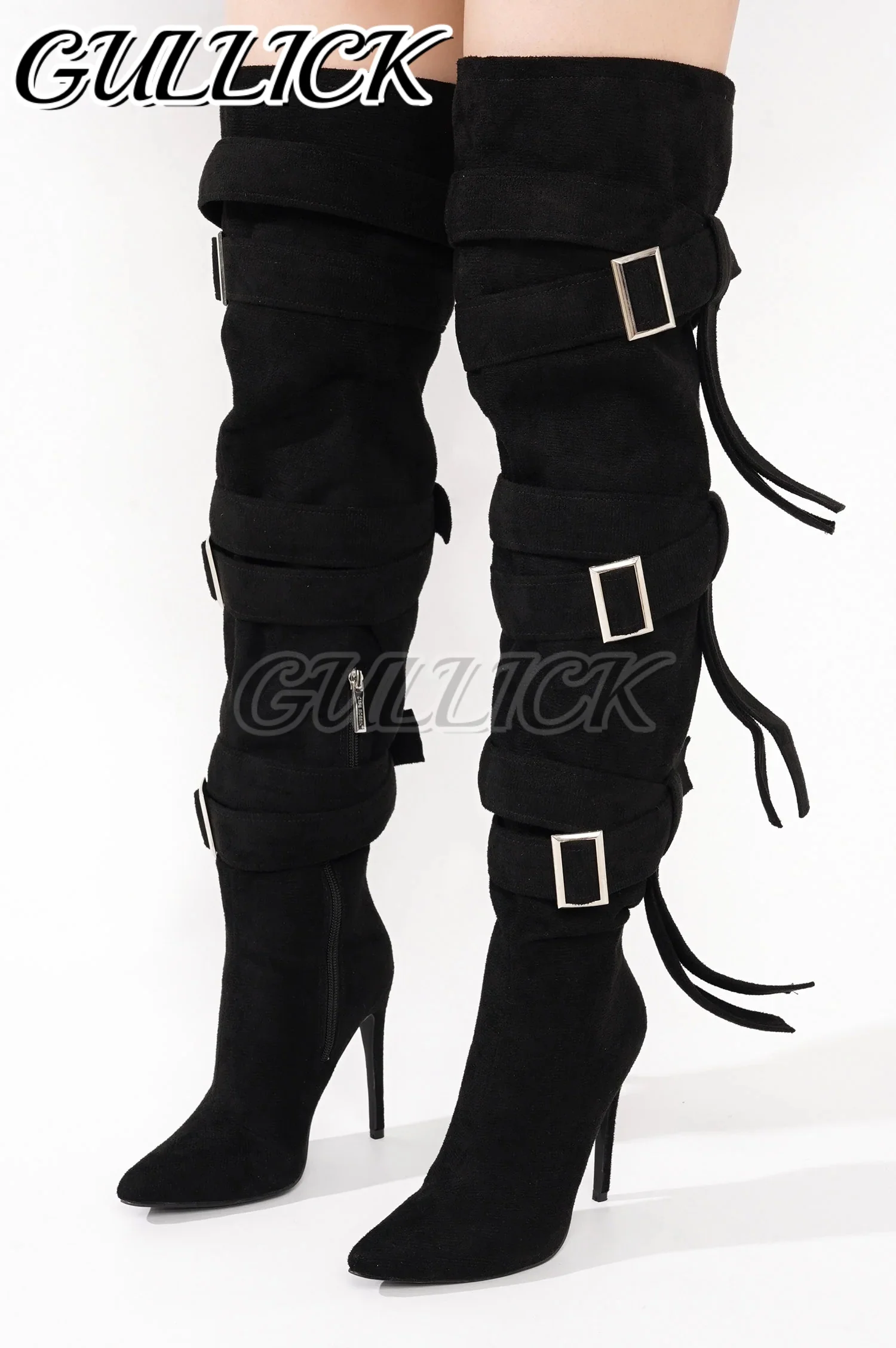 

Black Knee-High Boots Multi Buckles High Heels Side Zipper Zapatos De Mujer Pointed Toe Botas Suede Strappy Autumn Winter Shoe