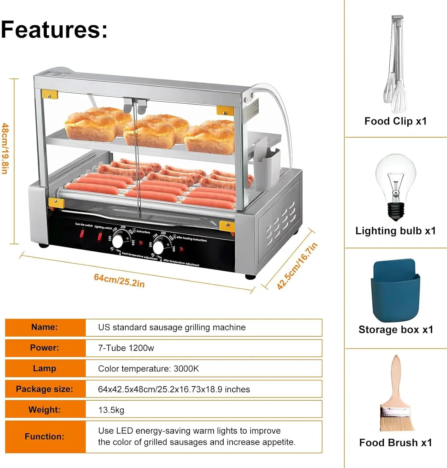 Hot Dog Roller Machine,7 Rollers Sausage Grill Cooker - 1200W Stainless Steel With Double Temp Control, 17 Hot Dogs Capacity,