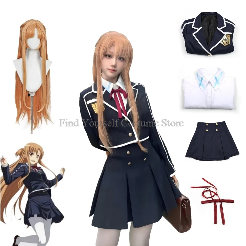 Anime Sword Art Online SAO Yuuki Asuna Cosplay Costume Wig Women School JK Uniform Set with women Shirt cosplay party costume