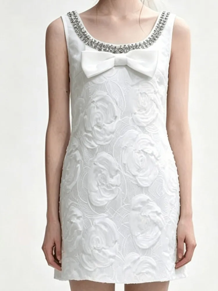 French Ladies Sleeveless Round Neck Bow Diamonds Versatile Short Dress Concise Sundres Solid Color Flowers A-Line Dresses