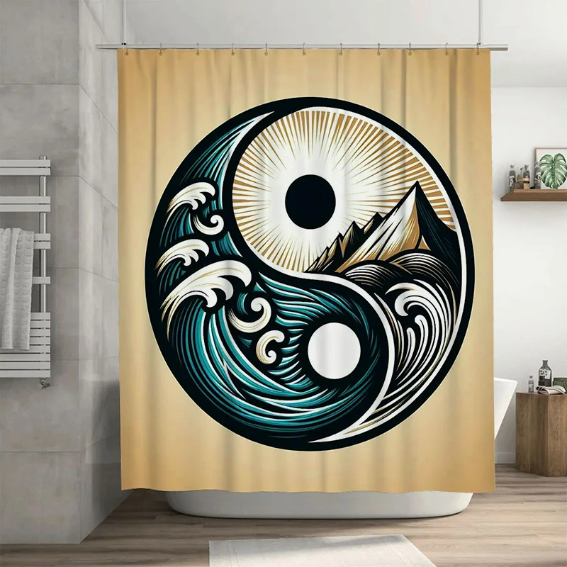 

Elegant Sun & Moon Shower Curtain Modern Blue Wave Design for Bath Decor Bathroom Window Treatment with Hook Set (Multicolor)