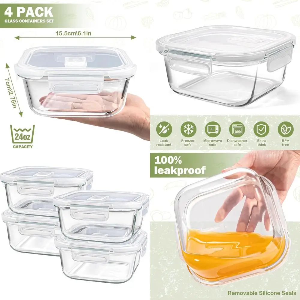 

Набор из 4 контейнеров для обеда из боросиликатного стекла емкостью 24 унции с крышками, безопасные для морозильной камеры, квадратные миски для приготовления еды на 3 чашки