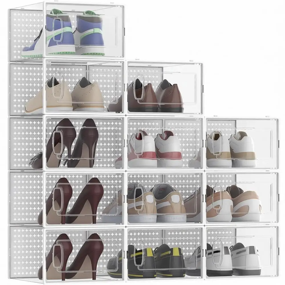 

Large Clear Plastic Stackable Shoe Storage Organizer, Space Saving Sneaker Rack, Portable Closet Storage, White