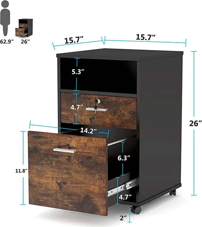 Modern 2 Drawer Mobile File Cabinet Wood Filing Cabinet with Rolling Wheels Home Office Furniture