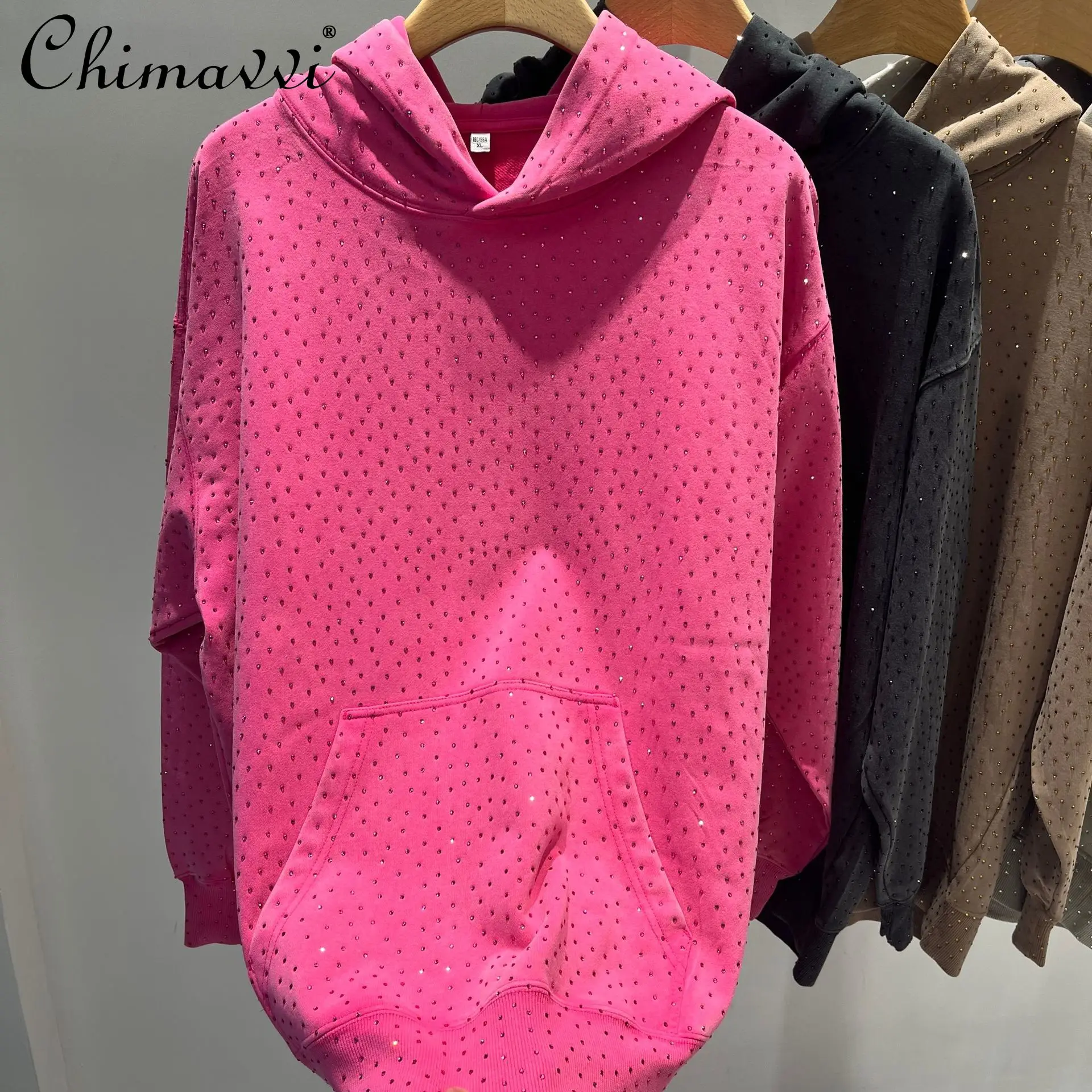 Sudadera de manga larga con diseño de diamante pesado para mujer, jersey de calle versátil, informal, holgado, ajustado, a la moda, otoño 2025