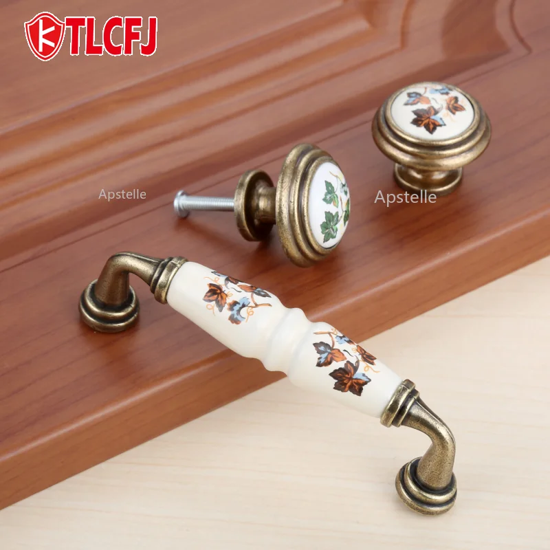 KTLCFJ Vintage Rural Kitchen Ceramic Drawer Cupboard Door Handles and Pulls Leaves Dresser Knobs Furniture Handle Hardare