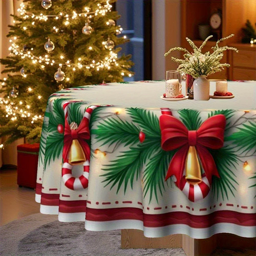 Christmas theme, round tablecloth with festive wreath design, pine needles, candy bars, bows and bells, perfect