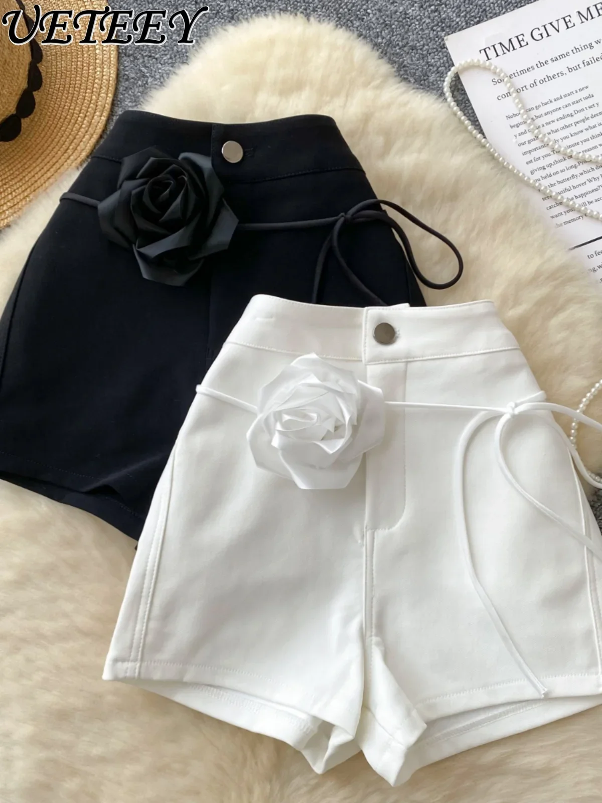 High-end Rose Flower Lace-up Decorative High-waisted Shorts Women's Slim-fitting Versatile Chic Casual Wide-leg Short Pants