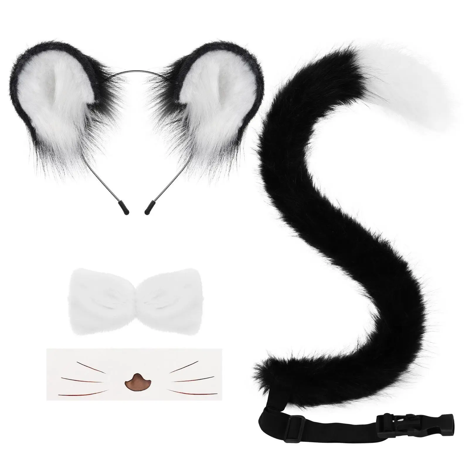 Cute Plush Animal Ear Headband Set with Curved Tail and Face Mask for Halloween Dance Cosplay Dress Up Party